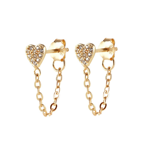 Heart Crystal Chain Stud Earrings