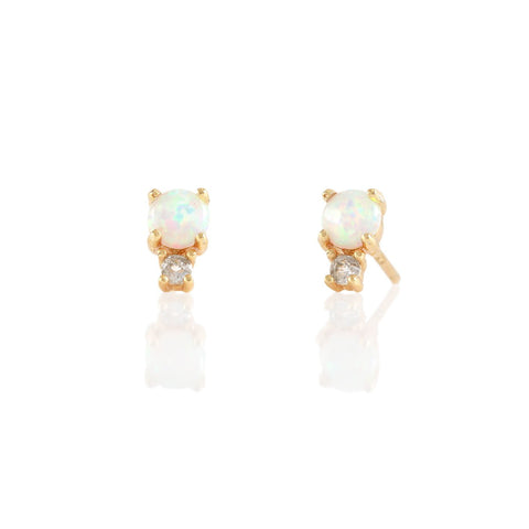 Two Stone Stud Earrings with White Topaz and Opal